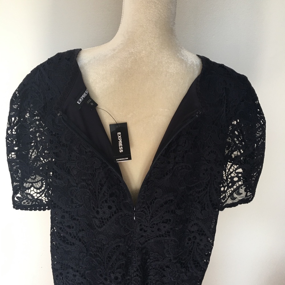 Express Navy Blue Lace Dress XL V-Neck Puff Sleeve Scalloped Hem Cocktail Party - Picture 8 of 11